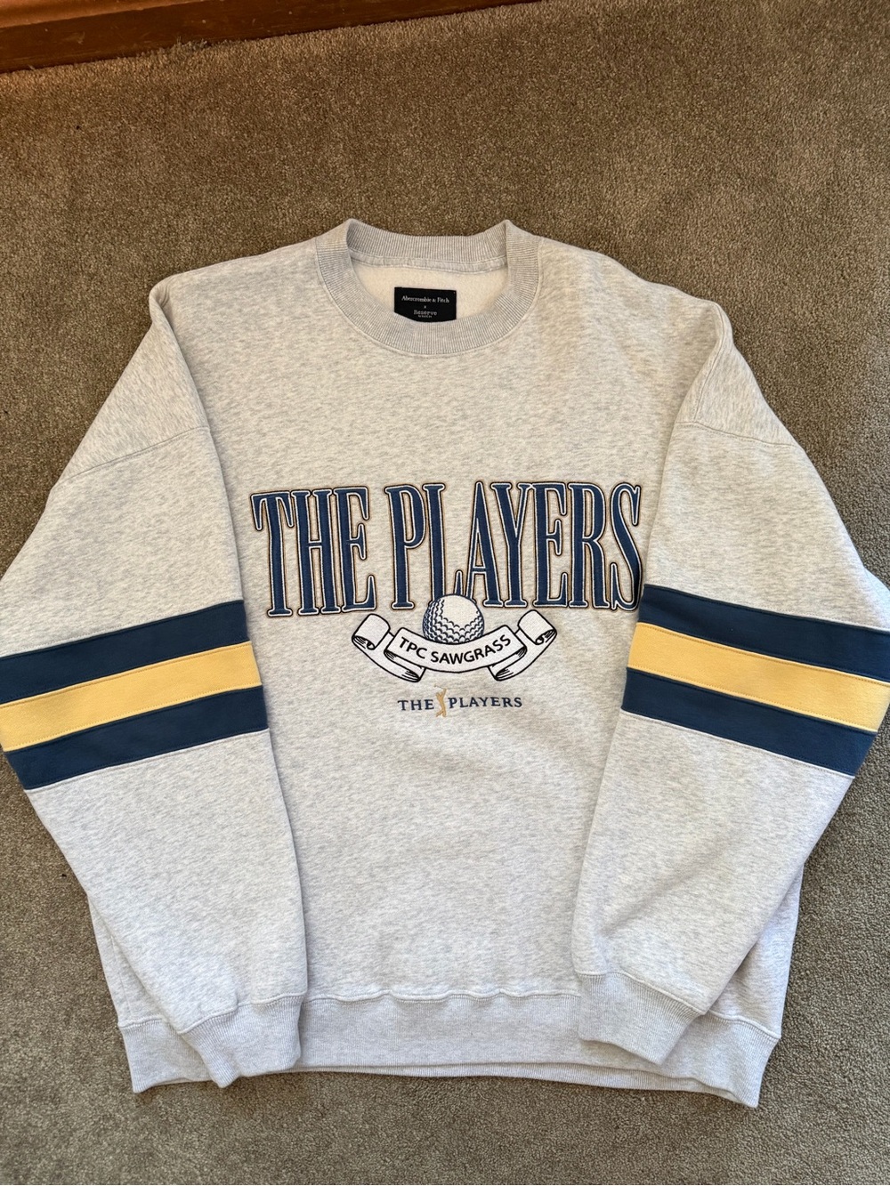 Abercrombie & Fitch Gray “The Players” Golf Crewneck with Navy & Gold Stripes